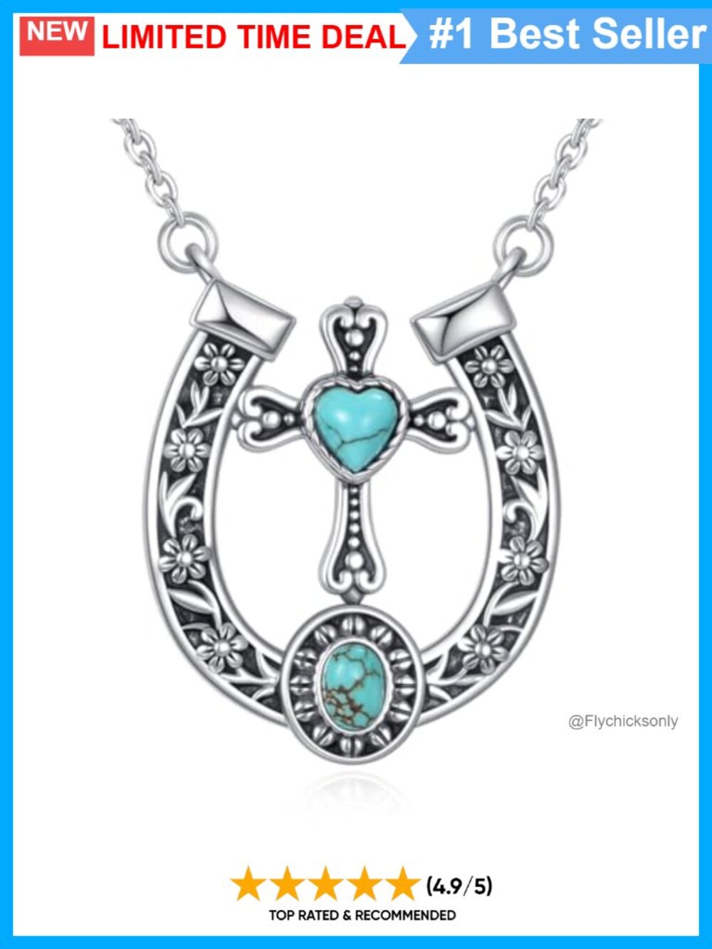 925 Sterling Silver Turquoise Horseshoe Cross Necklace 18+2" Chain